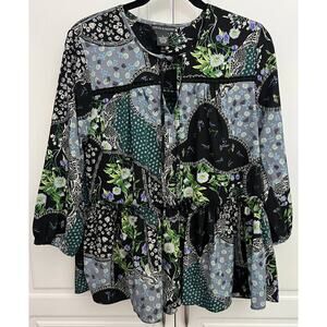 Chelsea & Theodore Black Floral Patchwork Blouse Boho Size S